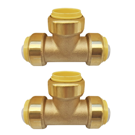 HQMPC 1" Pex fitting Push Fit Plumbing Tee, Push-to-Connect Plumbing Fittings, Brass Pipe Connector T Fittings for Copper, PEX, CPVC, No Pb (2pcs, 1 Inch(1"))