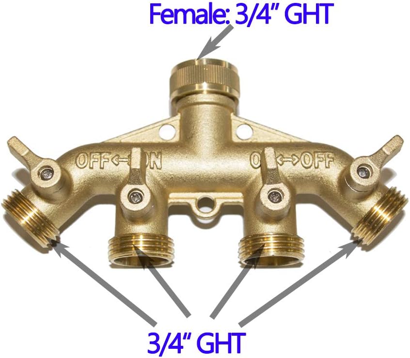 HQMPC 4 Way Hose Splitter 3/4" GHT Garden Hose Splitter 4 Way Solid Brass Hose Connector Heavy Duty Hose Spigot Adapter With 4 Valves 8 Gaskets +2 Seal Tapes