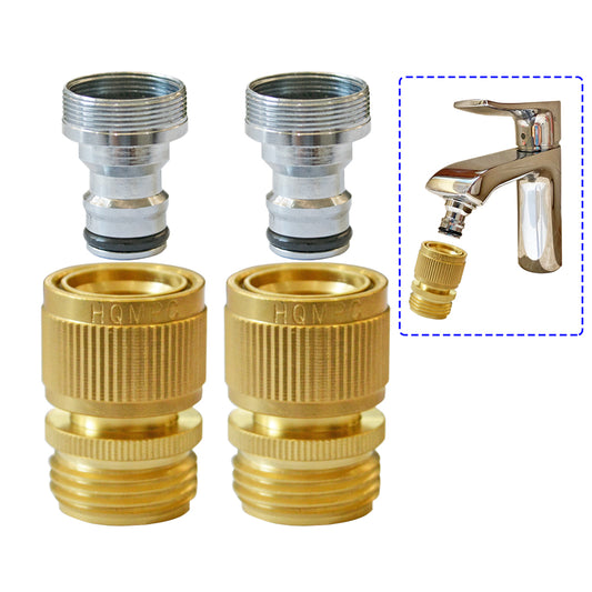 HQMPC Sink To Hose Faucet Adapter Faucet To Hose Adapter Kitchen Snap Adapter Washing Machine Quick Connect,Chrome Nipple Male 15/16-27 And Female 55/64-27 To Male 3/4" GHT Quick Coupler 2 Sets