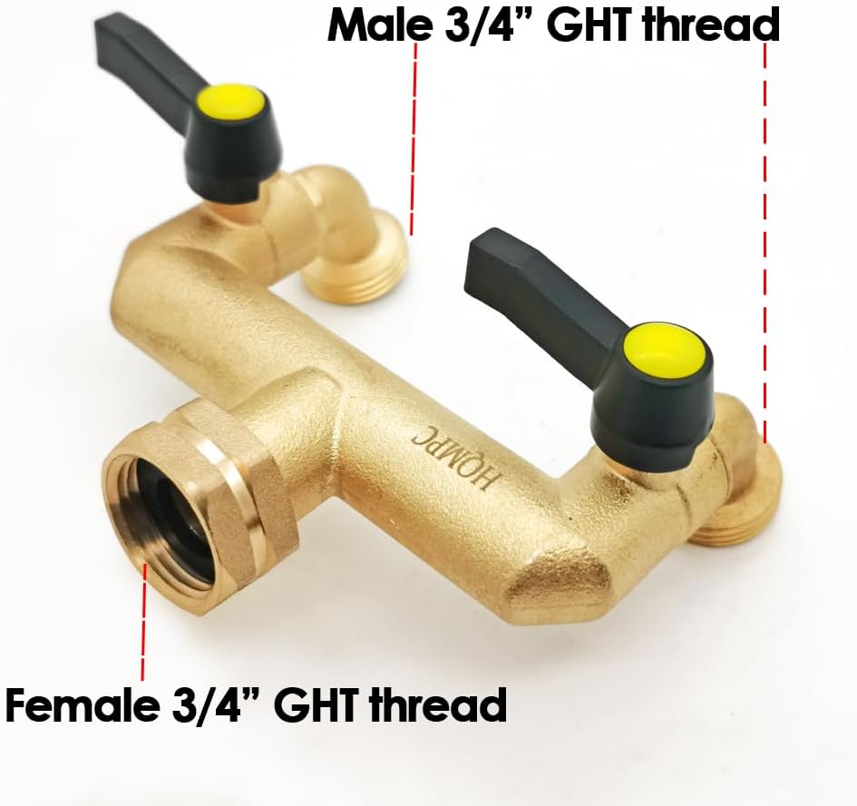 HQMPC Garden Hose 2 Way Valve Hose Splitter Brass Hose Splitter with Solid Brass Handle  Garden Hose Adapter 3/4" GHT Thread New Model