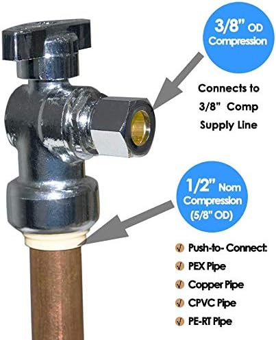 HQMPC Push Fit Angle Stop Valve 1/2" Push-fit x 3/8" OD Compression Brass Angle Stop Valve Shut Off Valve Angel Stop Valve Compression And Pex Connect No Pb