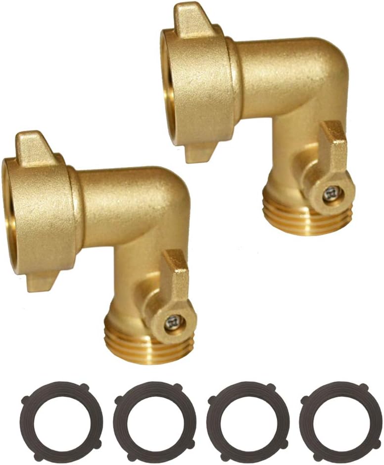 HQMPC 90 Degree Garden Hose Elbow with Shut Off Valve Hose Elbow 3/4" GHT Garden Hose Elbow Brass Garden Hose RV Adapter Water Hose 90 Degree Eelbow With 4 Pcs Washers