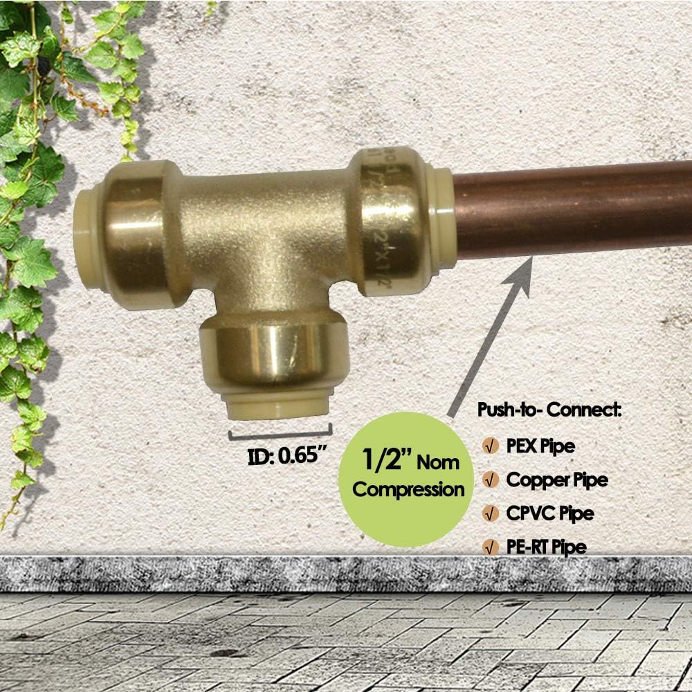 Pex Fittings Tee Push Fit Plumbing Tee 1/2 inch, Push-to-Connect Plumbing Fittings Brass Pipe Connector T Fittings for Copper PEX CPVC No Pb ( 1/2 Inch(1/2")
