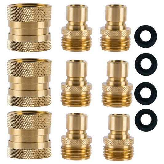 HQMPC Brass Garden Hose Quick Connect  Water Hose Connector 3/4"GTH (3 Female Coupler+ 6 Male Nipples)