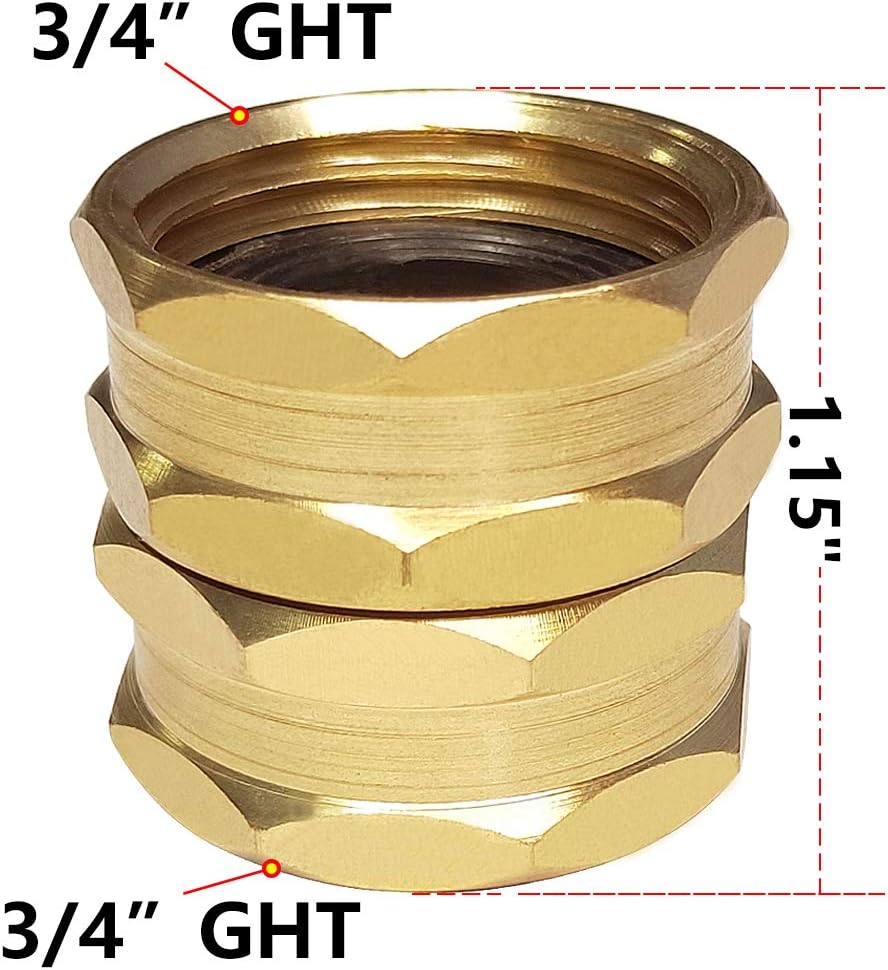 HQMPC Brass Garden Hose Connector Garden Hose Adapter Double Female Swivel Hose Connector 3/4 Inch GHT Brass Connector Female to Female Hose Adapter