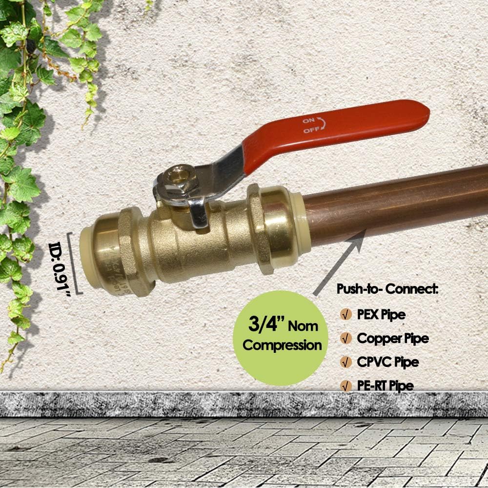 HQMPC Push-Fit Full Port Ball Valve Pex Push Ball Valve Water Shut Off Valve Plubing Pex Push In Ball Valve Push-to-Connect, PEX, Copper, CPVC, 3/4"x3/4"