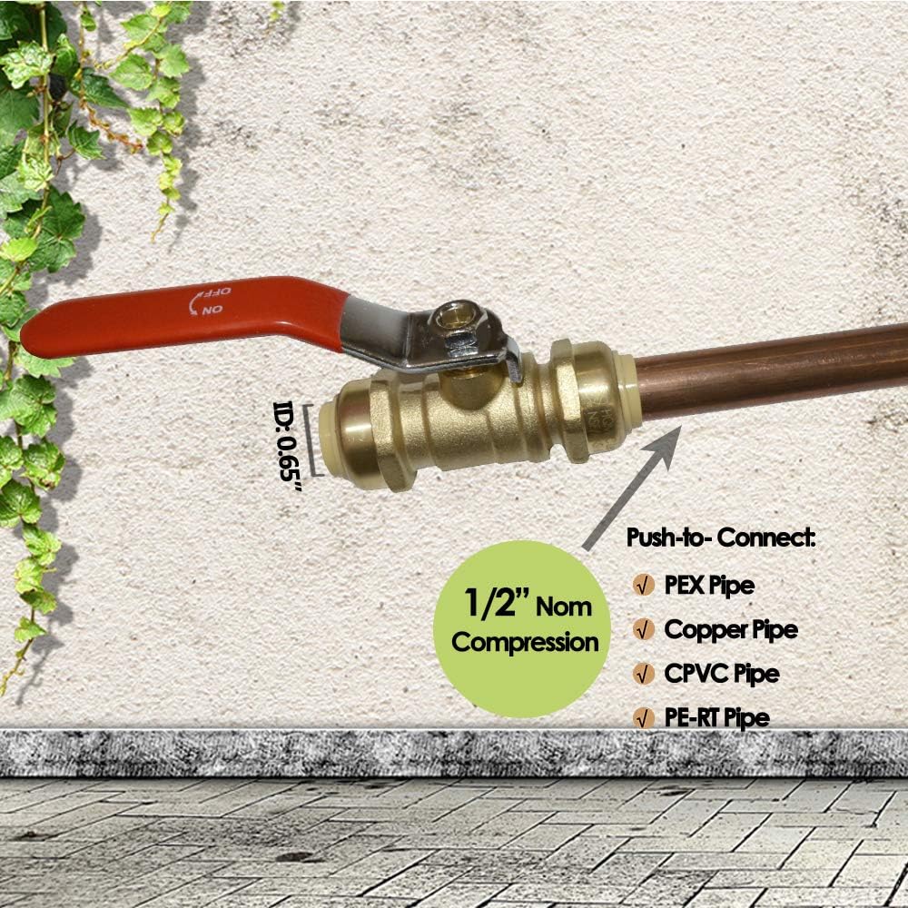 HQMPC Push-Fit Full Port Ball Valve Pex Push Ball Valve Water Shut Off Valve Plubing Pex Push In Ball Valve Push-to-Connect, PEX, Copper, CPVC, 1/2"