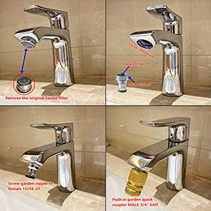 HQMPC Sink To Hose Faucet Adapter Faucet To Hose Adapter Kitchen Snap Adapter Washing Machine Quick Connect,Chrome Nipple Male 15/16-27 And Female 55/64-27 To Male 3/4" GHT Quick Coupler 2 Sets