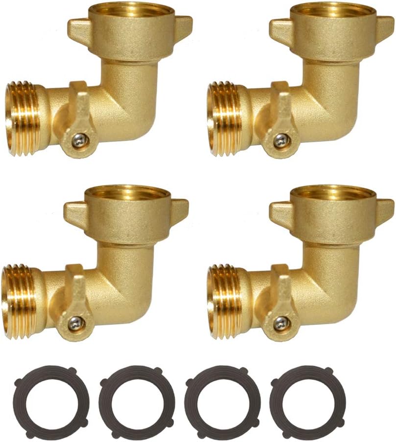 HQMPC 90 Degree Garden Hose Elbow with Shut Off Valve Hose Elbow 3/4" GHT Garden Hose Elbow Brass Garden Hose RV Adapter Water Hose 90 Degree Eelbow With 4 Pcs Washers