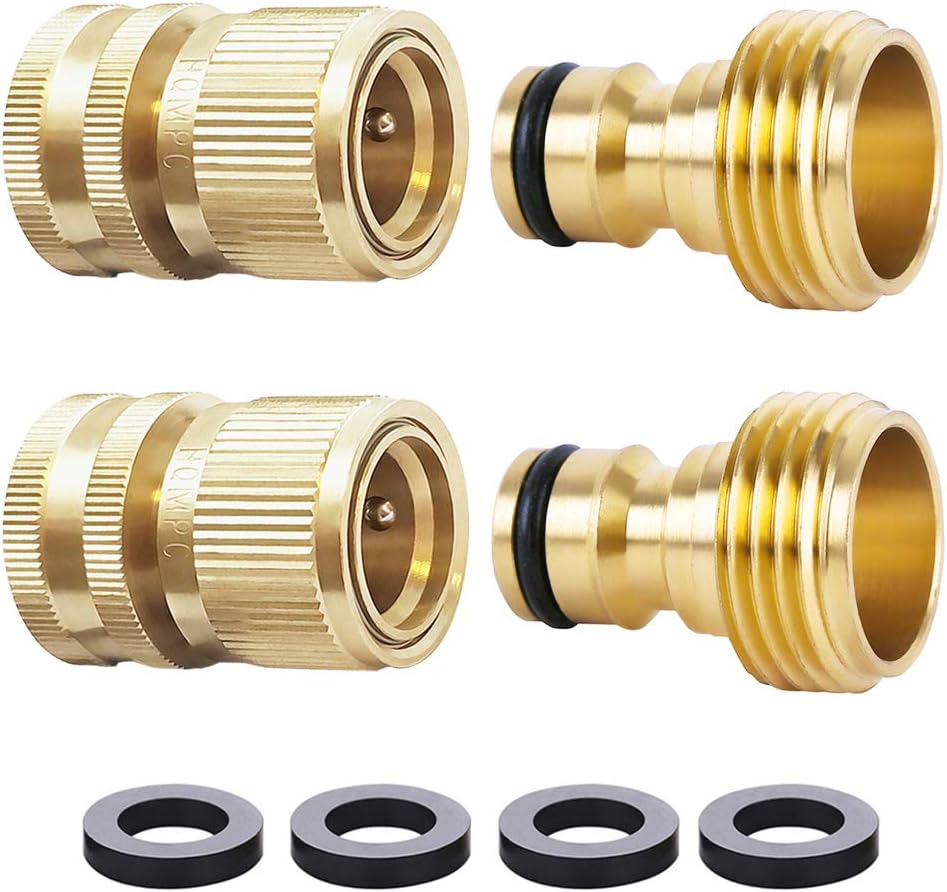 HQMPC Garden Hose Quick Connect Solid Brass Quick Connector Garden Hose Fitting Water Hose Connectors Garden Hose Disconnect 3/4 inch GHT