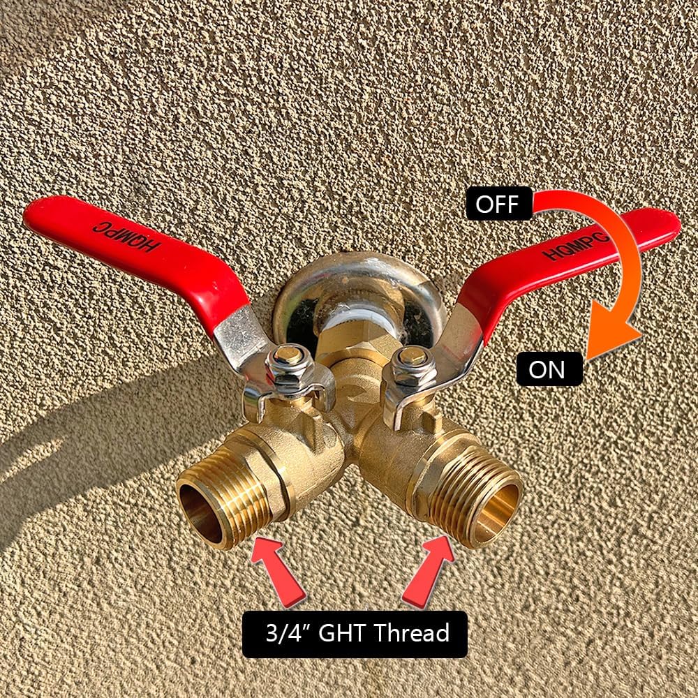 HQMPC Garden Hose Y Valve Hose Splitter Brass Hose Splitter with Solid Brass Handle Garden Hose Adapter 2 Way Y Valve 3/4" GHT Thread
