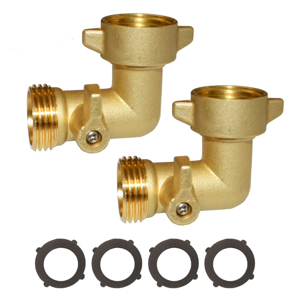 HQMPC 90 Degree Garden Hose Elbow with Shut Off Valve Hose Elbow 3/4" GHT Garden Hose Elbow Brass Garden Hose RV Adapter Water Hose 90 Degree Eelbow With 4 Pcs Washers