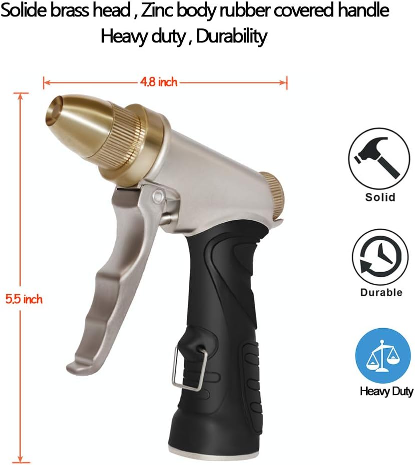 HQMPC Garden Hose Nozzle Metal Hose Spray Nozzle High Pressure Water Hose Nozzle Brass Head Hose Nozzle Spray Nozzle For Hose Watering Car Washing With 1 Pcs Male Quick Connectors and 4Pcs Washer