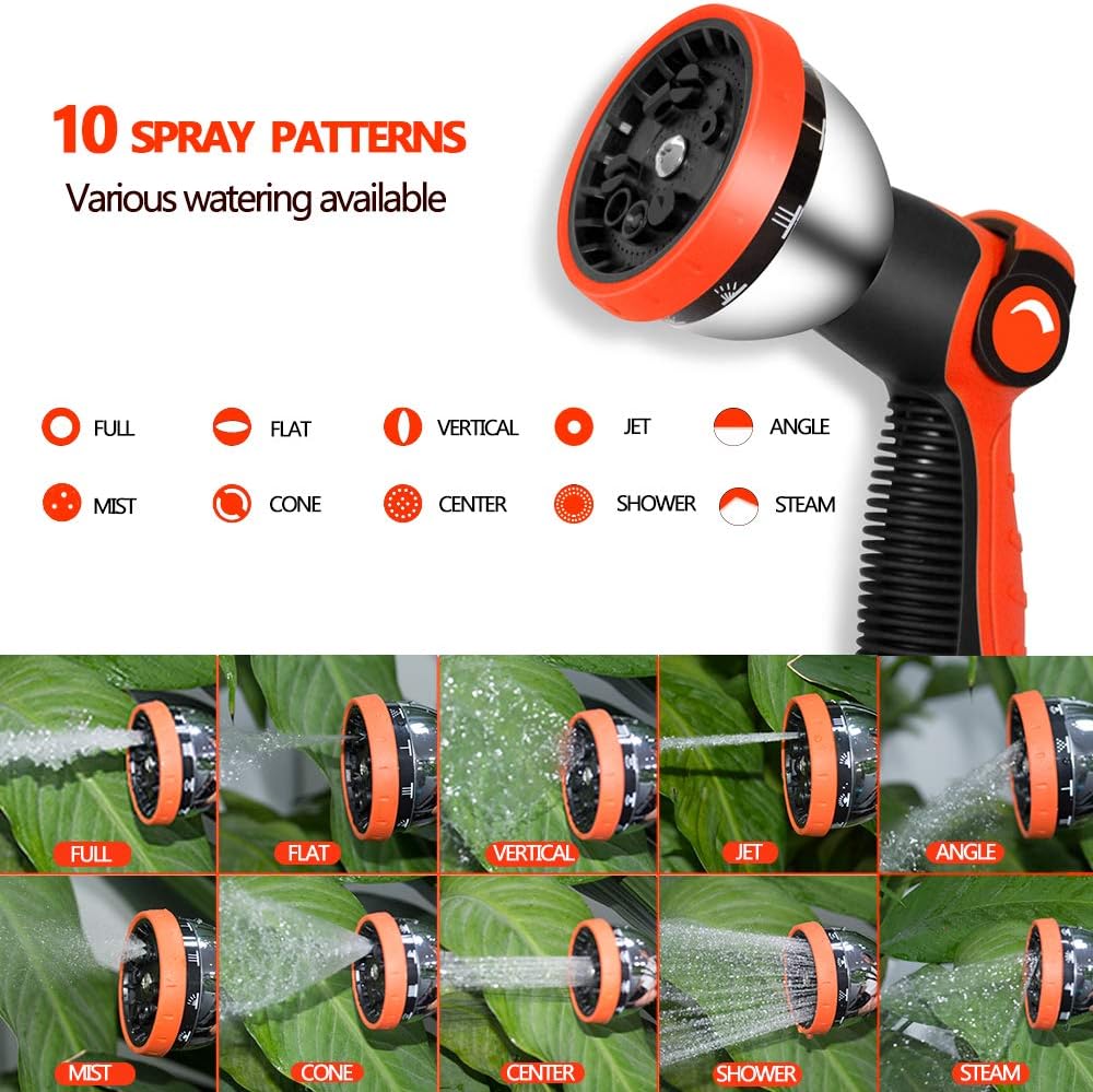 HQMPC Garden Hose Nozzle Metal Hose Spray Nozzle Water 10 Patterns Hose Nozzle Spray Nozzle For Hose Watering Car Washing With 1 Pcs Male Quick Connect Nipple and 4Pcs Washer