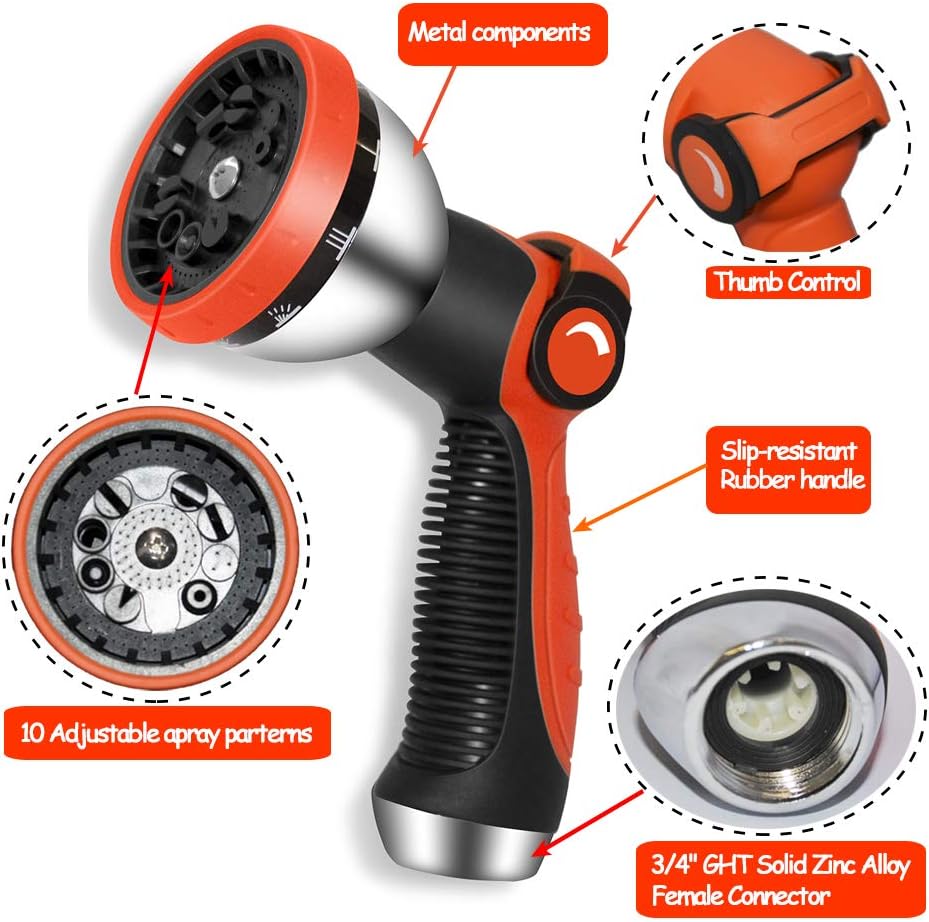 HQMPC Garden Hose Nozzle Metal Hose Spray Nozzle Water 10 Patterns Hose Nozzle Spray Nozzle For Hose Watering Car Washing With 1 Pcs Male Quick Connect Nipple and 4Pcs Washer