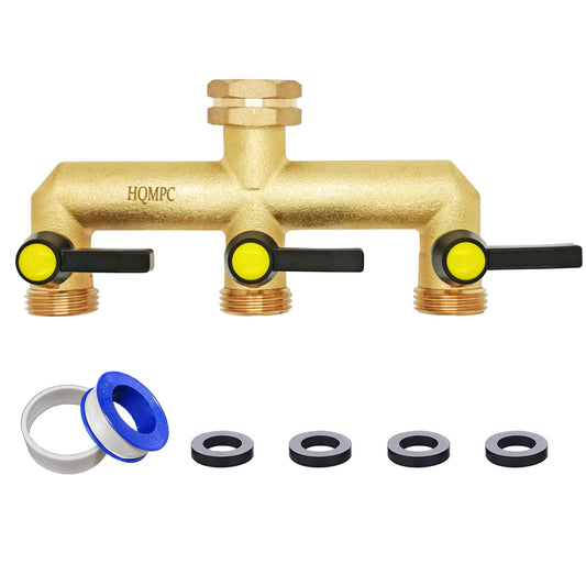 HQMPC Garden Hose 3 Way Valve Brass Hose Splitter with Solid Brass Handle Garden Hose Adapter 3 Way Valve 3/4" GHT Thread