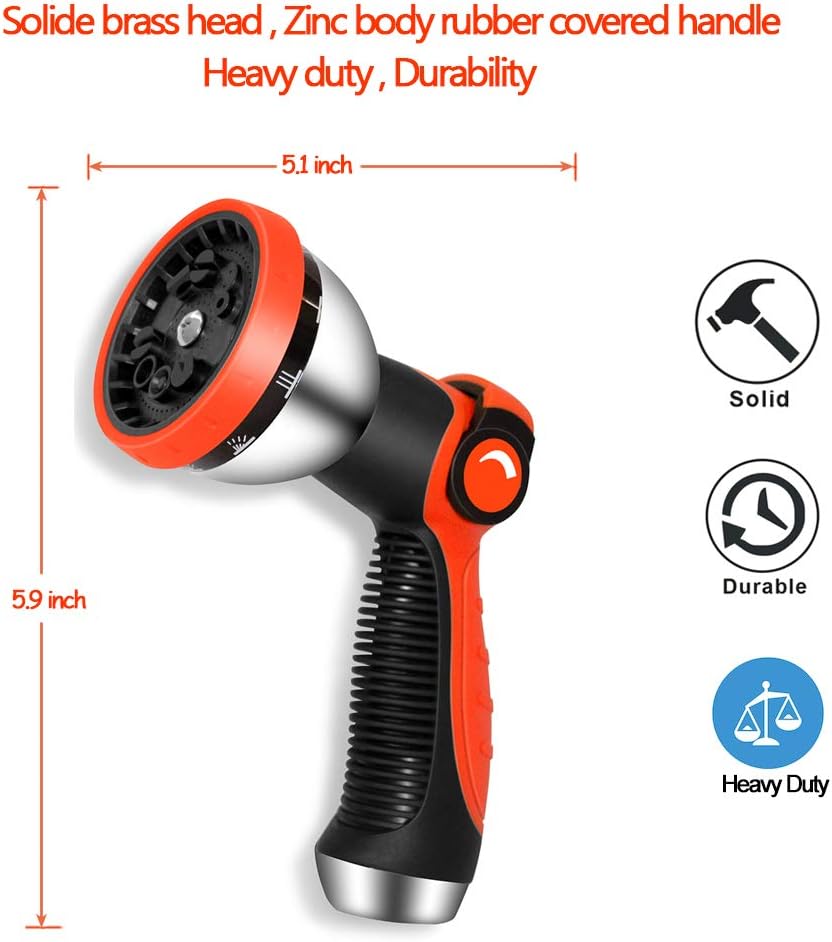 HQMPC Garden Hose Nozzle Metal Hose Spray Nozzle Water 10 Patterns Hose Nozzle Spray Nozzle For Hose Watering Car Washing With 1 Pcs Male Quick Connect Nipple and 4Pcs Washer