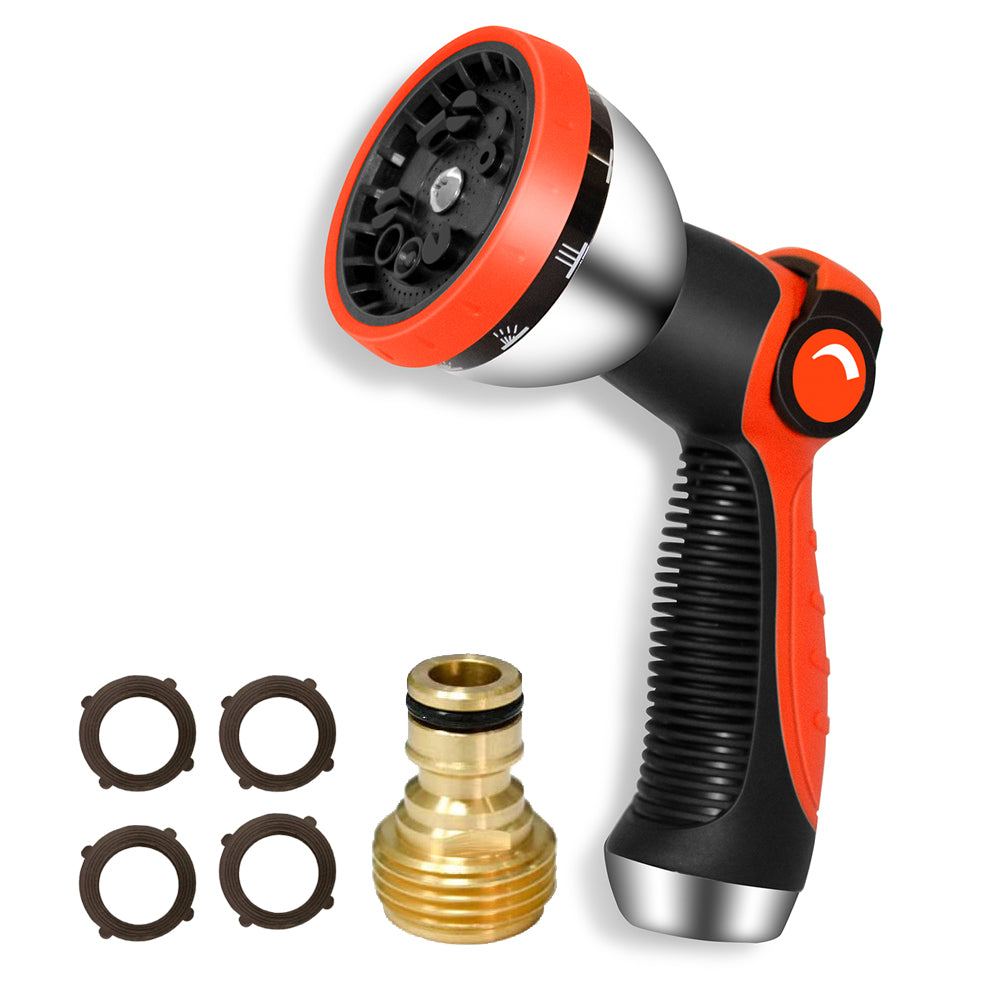 HQMPC Garden Hose Nozzle Metal Hose Spray Nozzle Water 10 Patterns Hose Nozzle Spray Nozzle For Hose Watering Car Washing With 1 Pcs Male Quick Connect Nipple and 4Pcs Washer